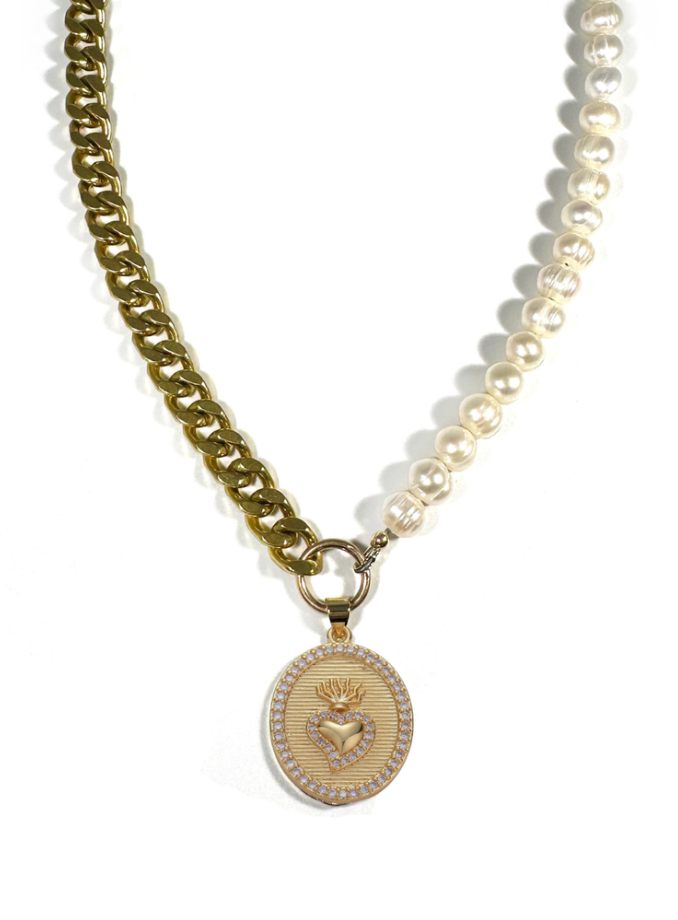 Rachel Nathan Pearl Sacred Heart Curb Chain Necklace