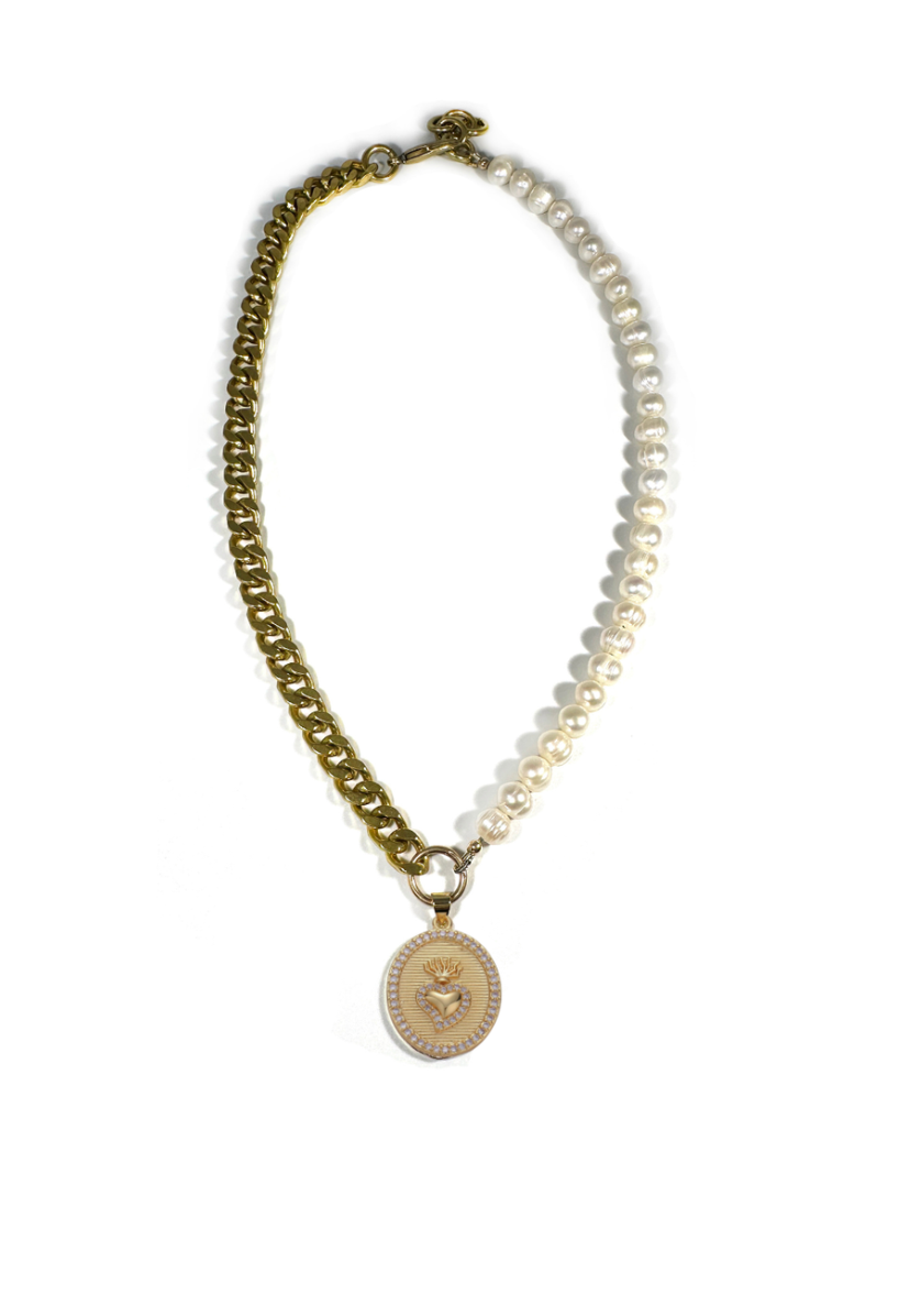 Rachel Nathan Pearl Sacred Heart Curb Chain Necklace