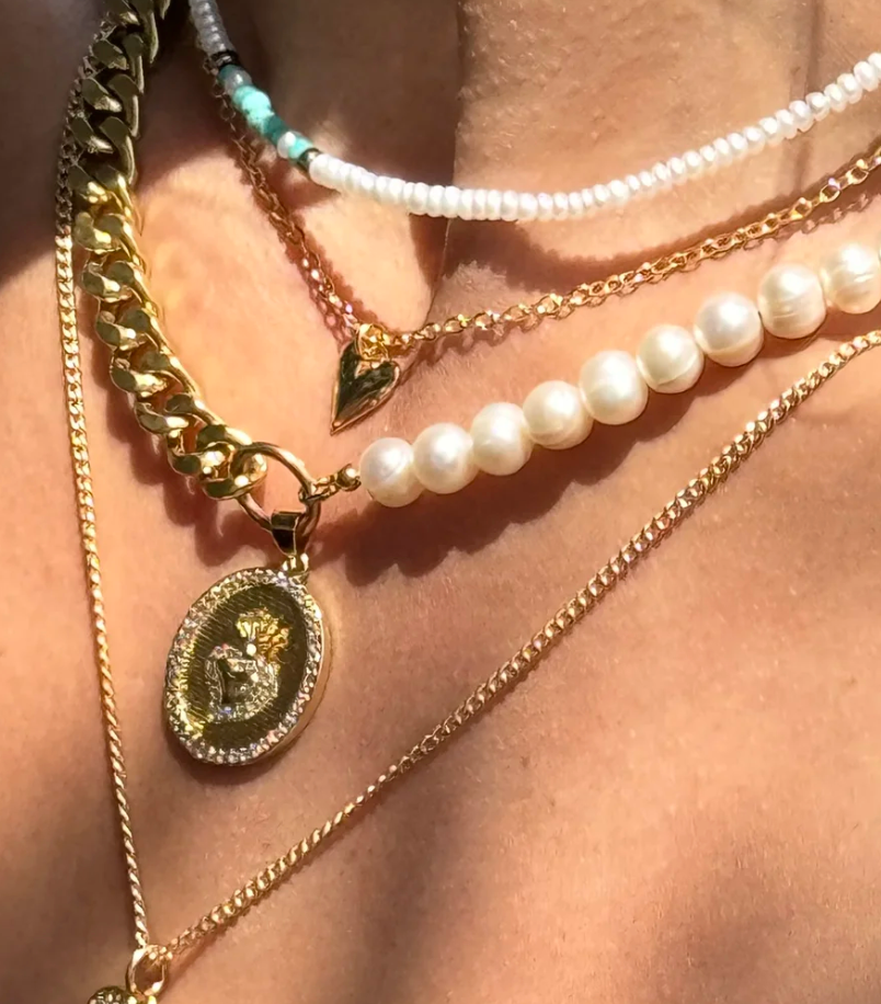 Rachel Nathan Pearl Sacred Heart Curb Chain Necklace