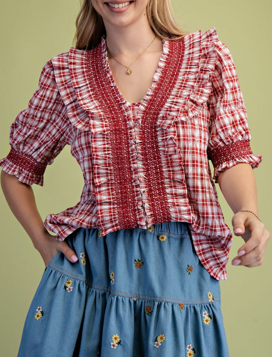 Smiles and Sunshine Plaid Top in Red