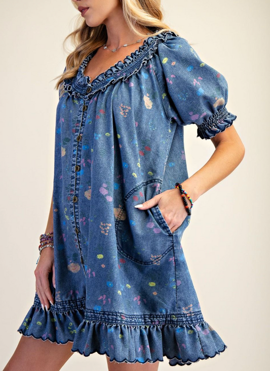 Sweet Surprise Printed Denim Dress