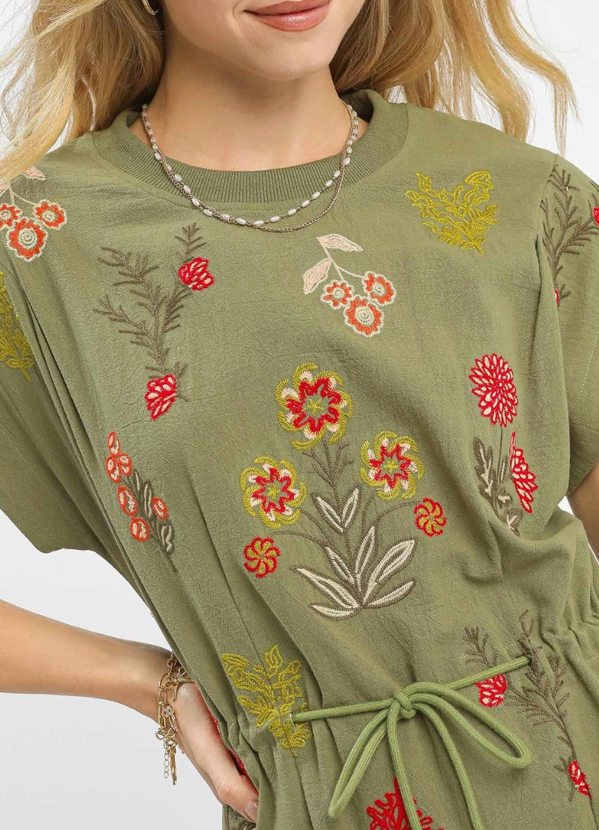 Casual Flow Floral Embroidered Dress in Olive