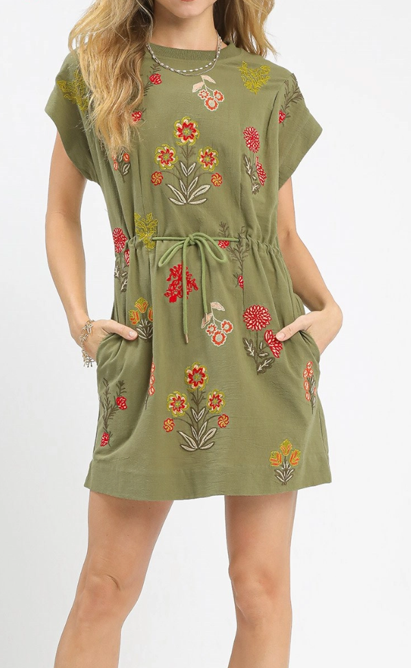 Casual Flow Floral Embroidered Dress in Olive
