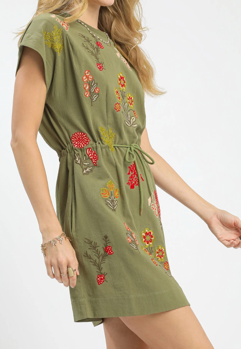 Casual Flow Floral Embroidered Dress in Olive