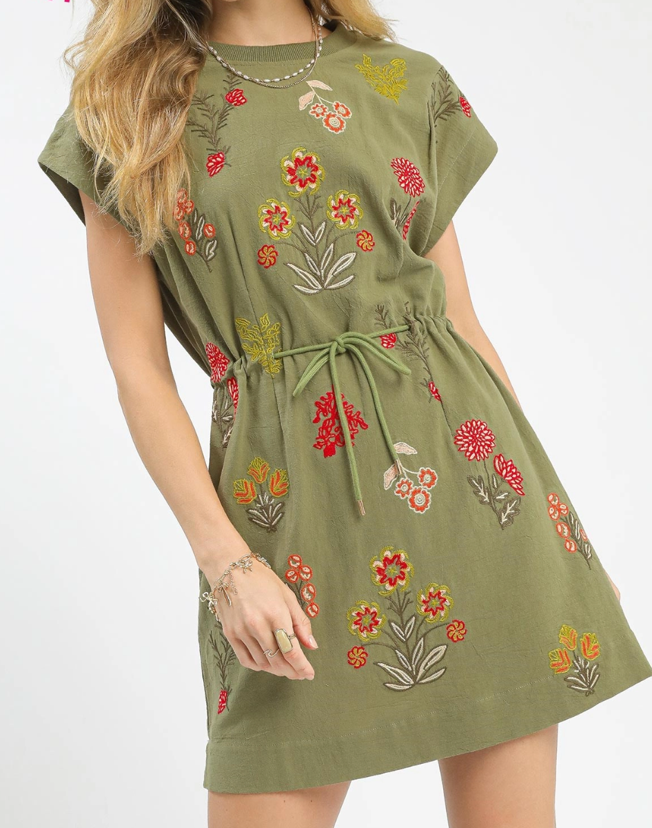 Casual Flow Floral Embroidered Dress in Olive