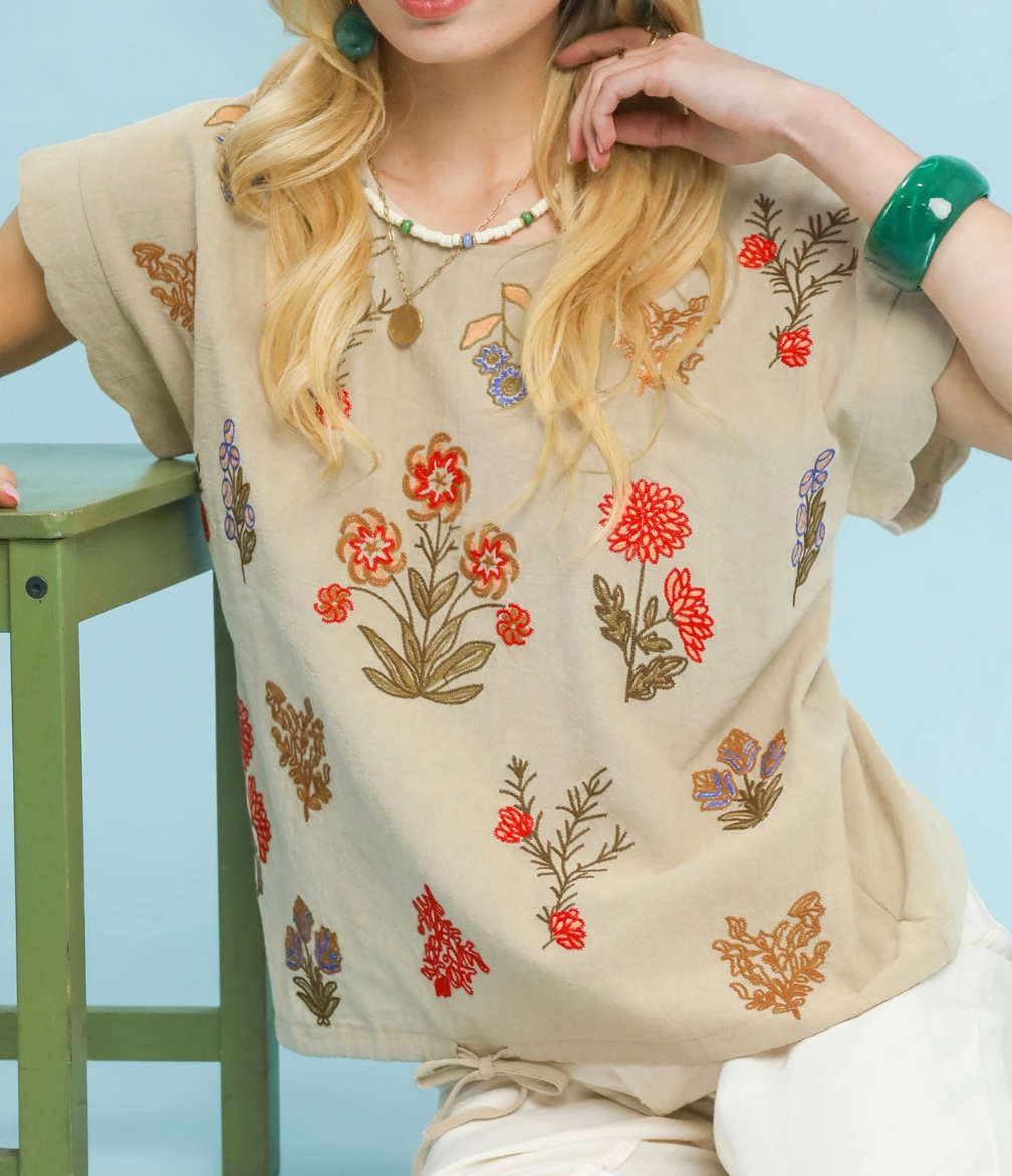 Casual Flow Floral Embroidered Top in Oatmeal