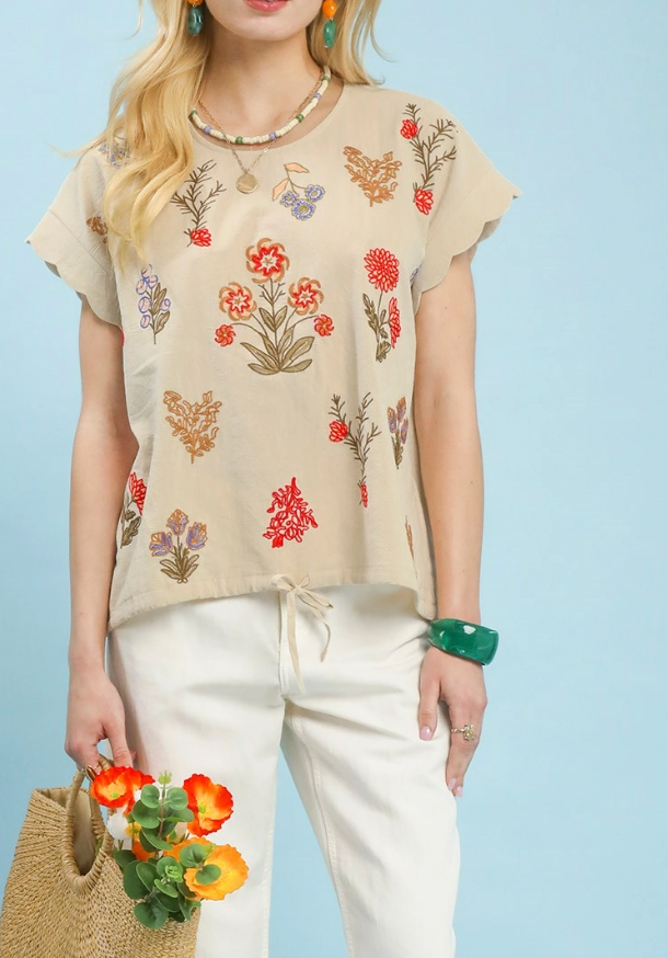 Casual Flow Floral Embroidered Top in Oatmeal
