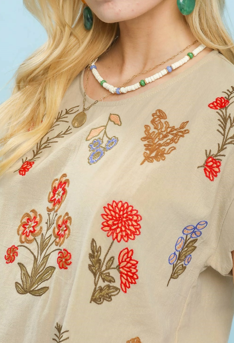 Casual Flow Floral Embroidered Top in Oatmeal