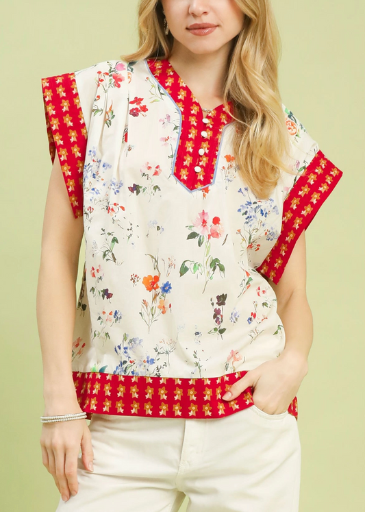 Blessed Blooms Floral Top with Red