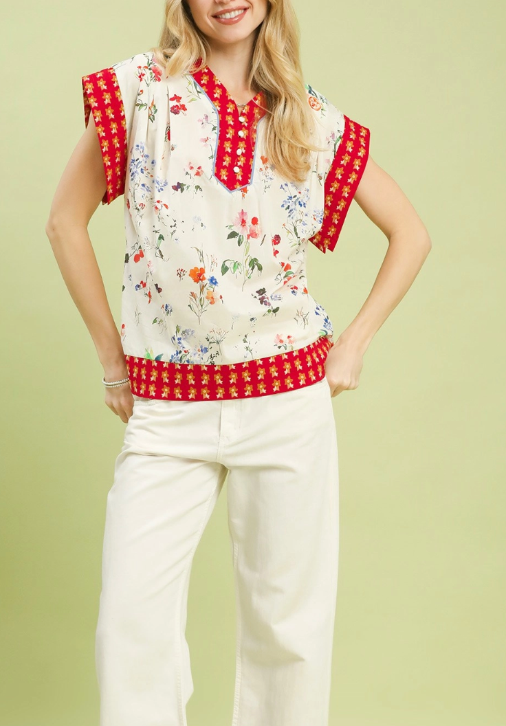 Blessed Blooms Floral Top with Red
