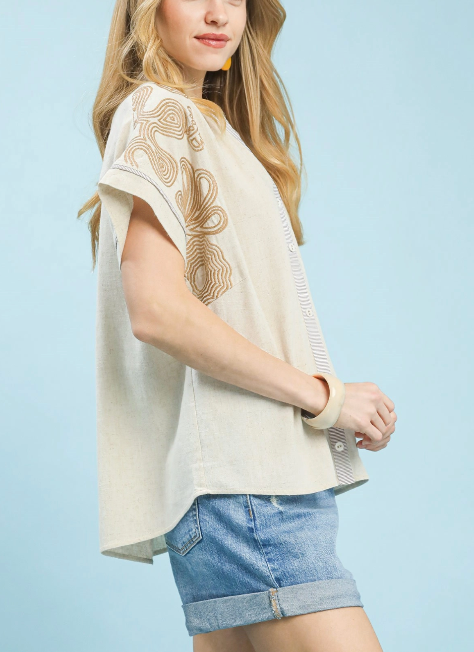 Bayside Breeze Embroidered Oatmeal Top