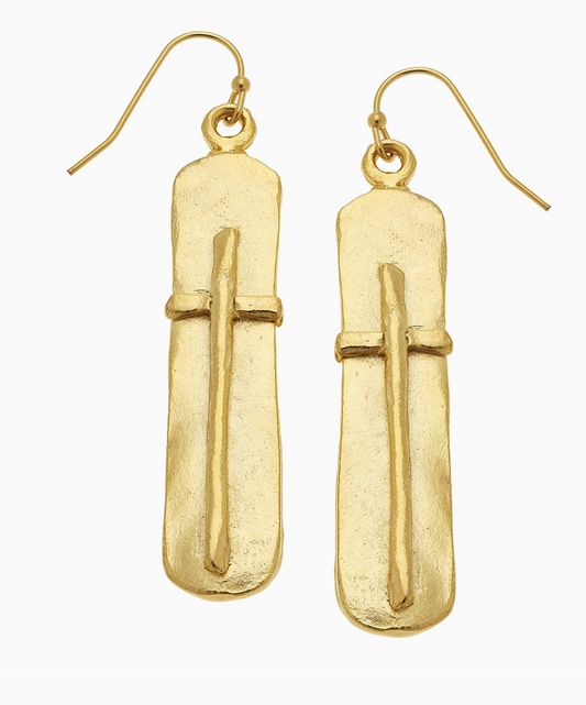 Susan Shaw Cross on Gold Bar Earrings
