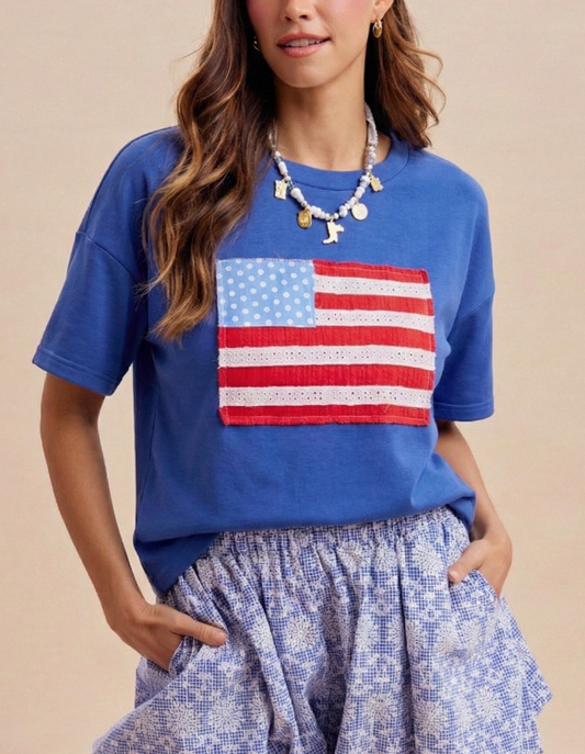 American Flag and Lace Tee in Royal Blue