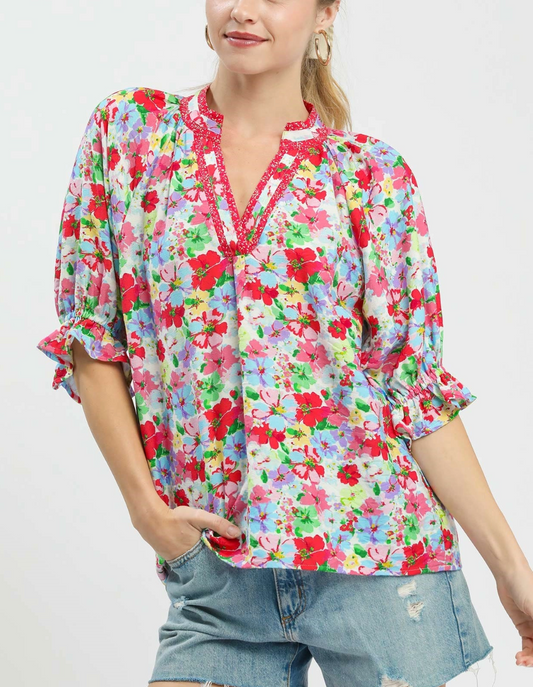 Floral Garden Top in Red Mix