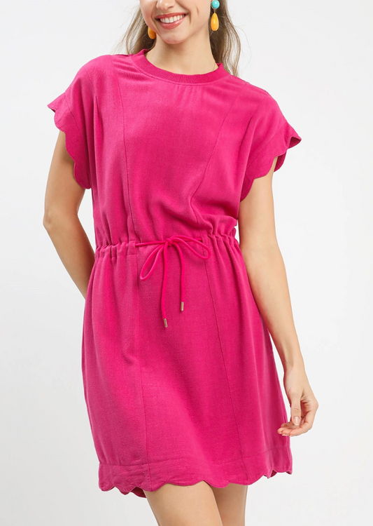 Sweet Scalloped Drawstring Dress in Fuchsia