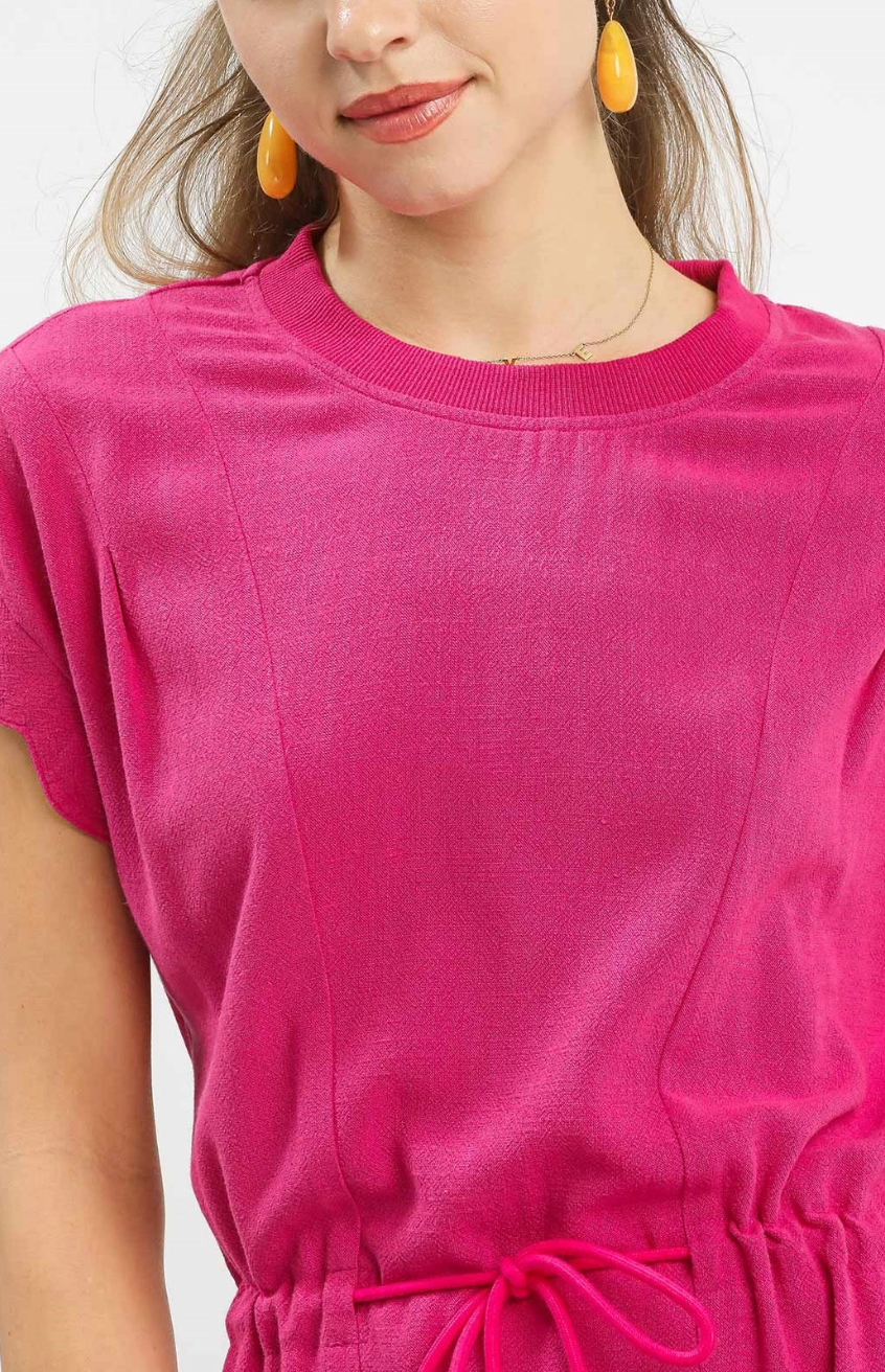 Sweet Scalloped Drawstring Dress in Fuchsia