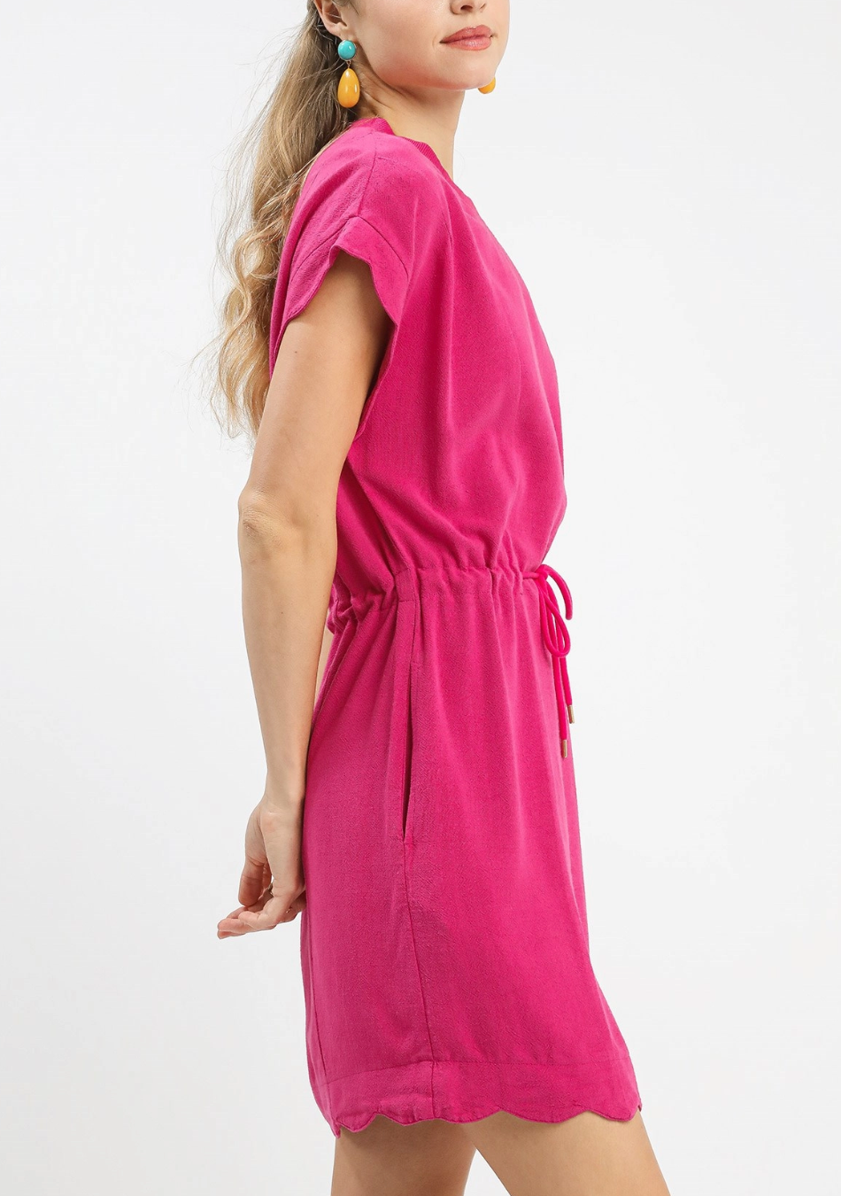 Sweet Scalloped Drawstring Dress in Fuchsia