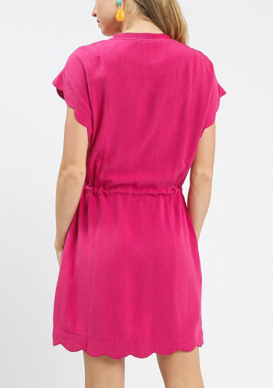 Sweet Scalloped Drawstring Dress in Fuchsia