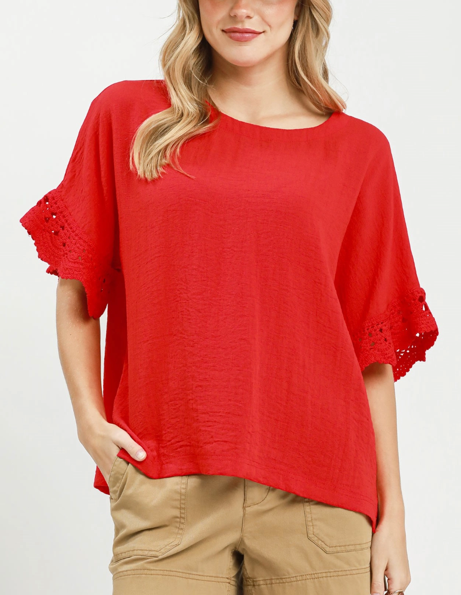 Vacay Bliss Crochet Accent Top in Red