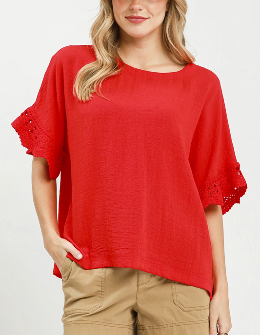 Vacay Bliss Crochet Accent Top in Red