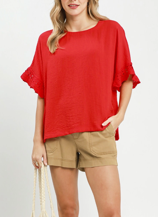 Vacay Bliss Crochet Accent Top in Red