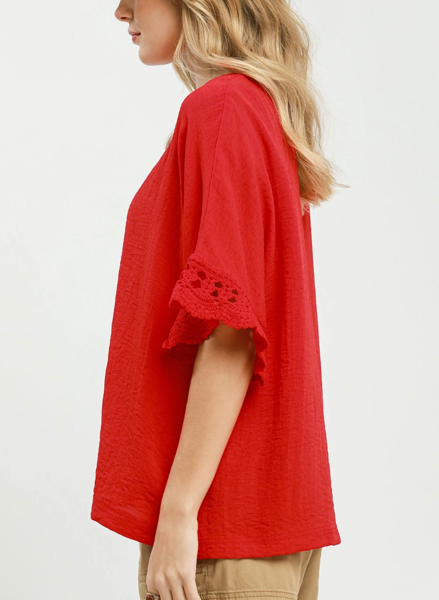 Vacay Bliss Crochet Accent Top in Red