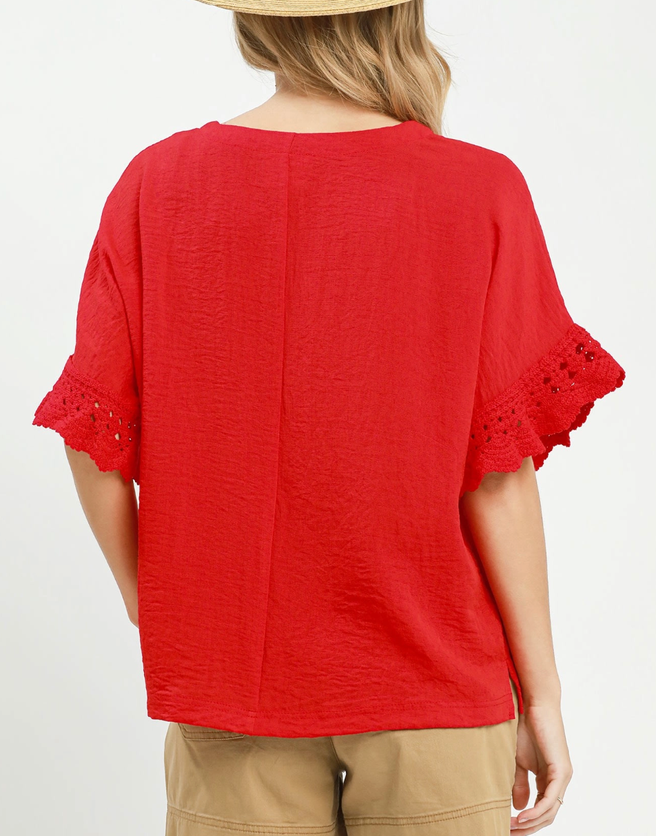 Vacay Bliss Crochet Accent Top in Red
