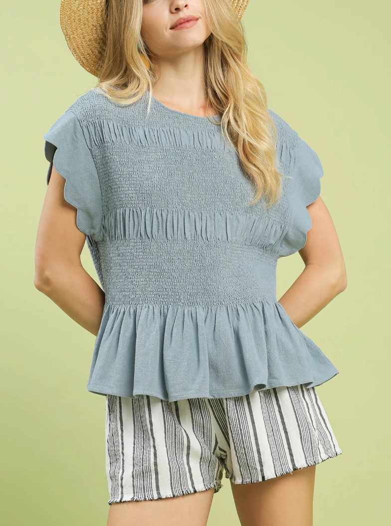 Daily Fit Smocked Top in Steel Blue