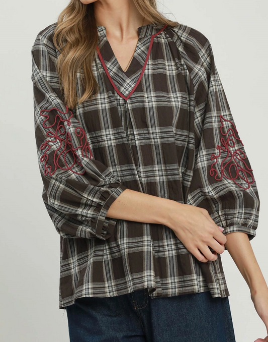 Crisp Day Plaid Embroidered Top