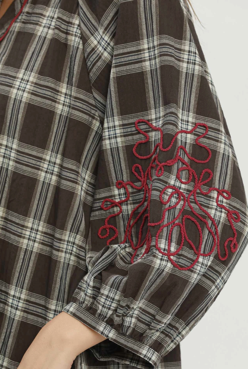Crisp Day Plaid Embroidered Top