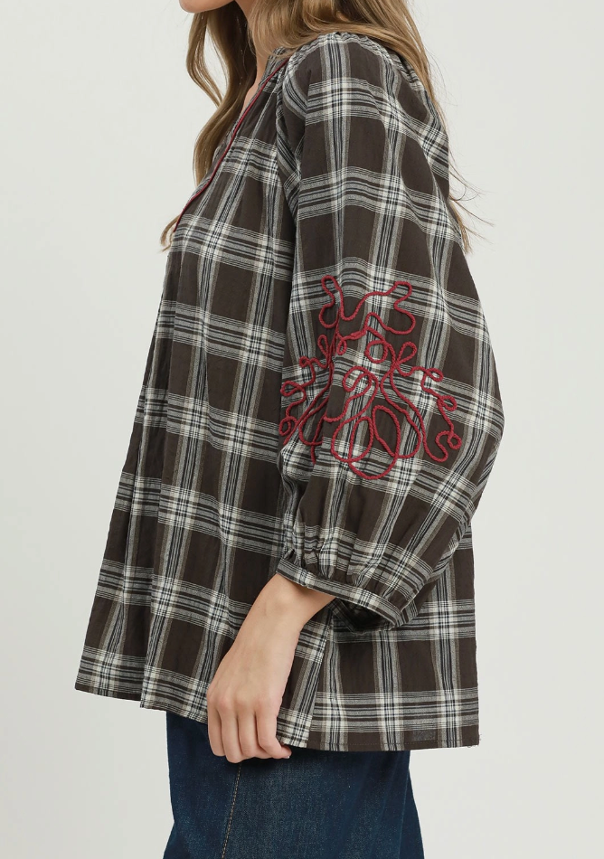 Crisp Day Plaid Embroidered Top