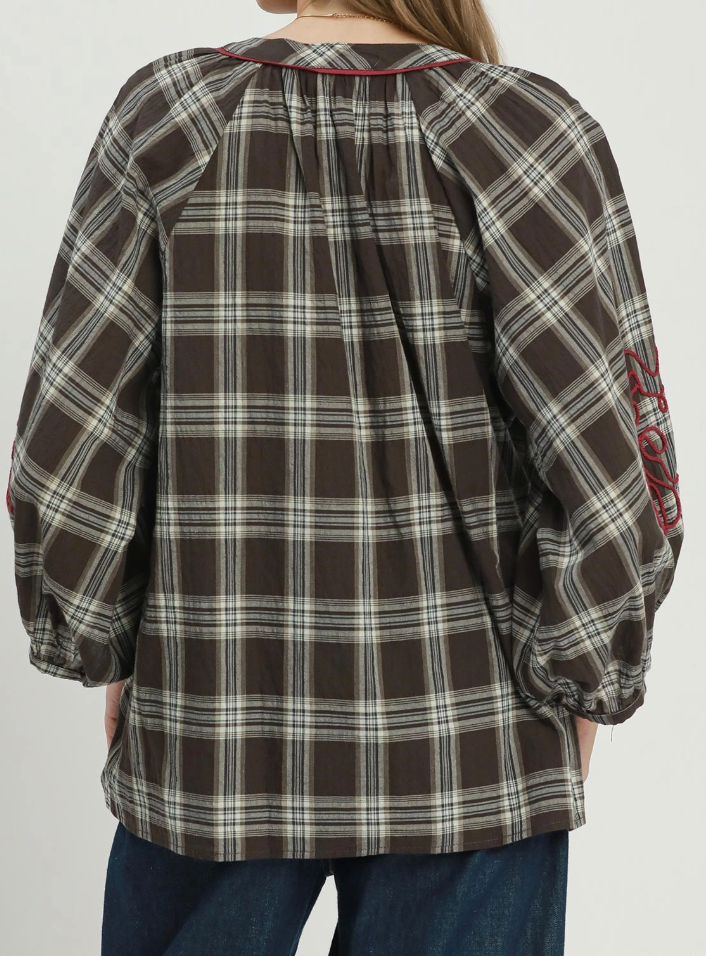 Crisp Day Plaid Embroidered Top