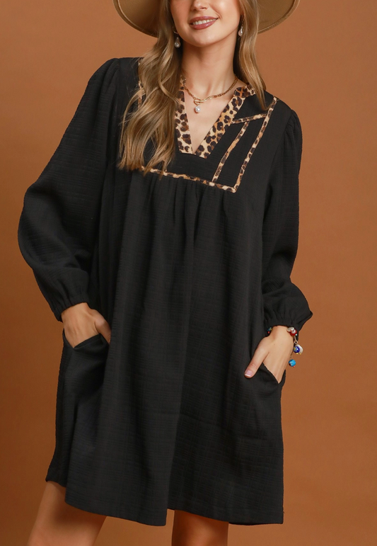 Leopard Trim Babydoll Dress in Black