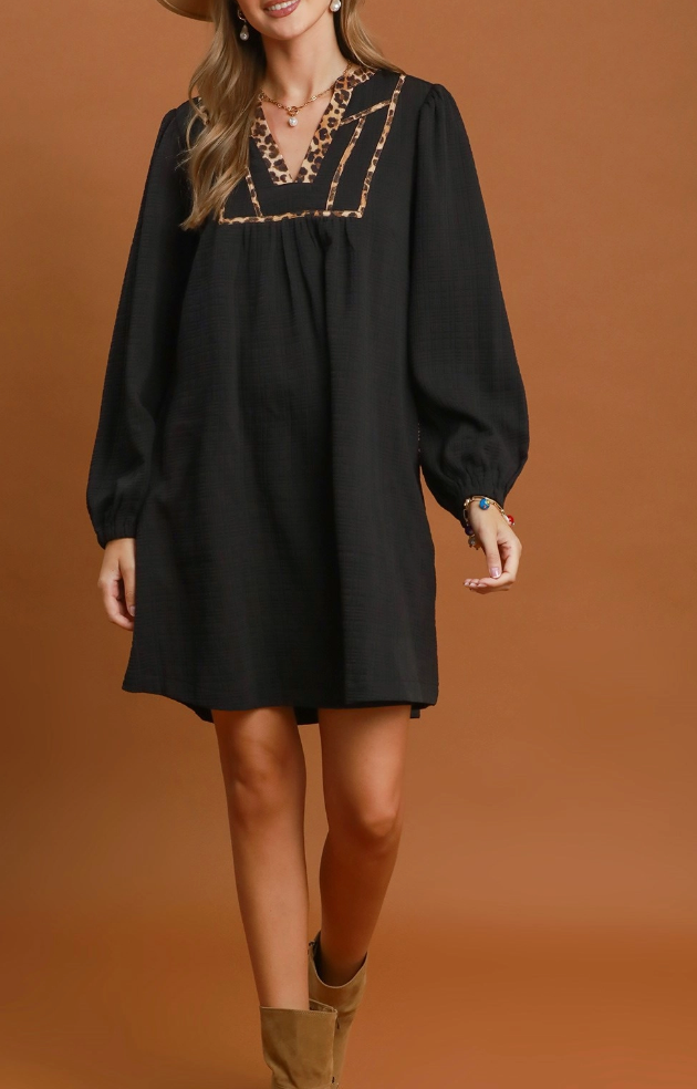 Leopard Trim Babydoll Dress in Black
