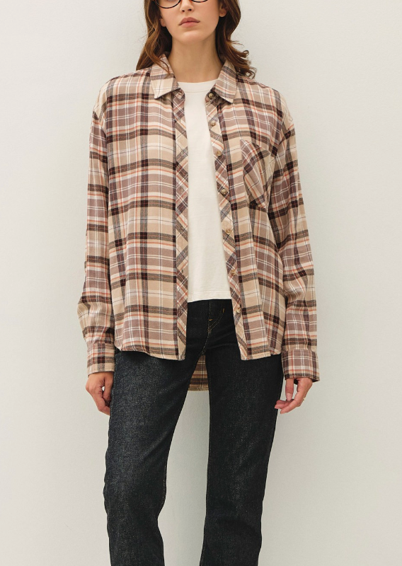 Plaid Happiness Flannel Top in Taupe