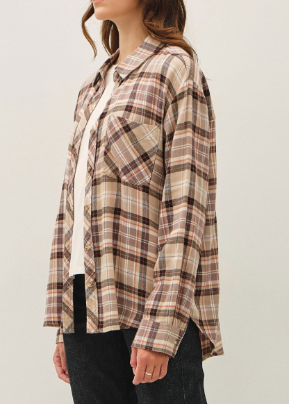 Plaid Happiness Flannel Top in Taupe