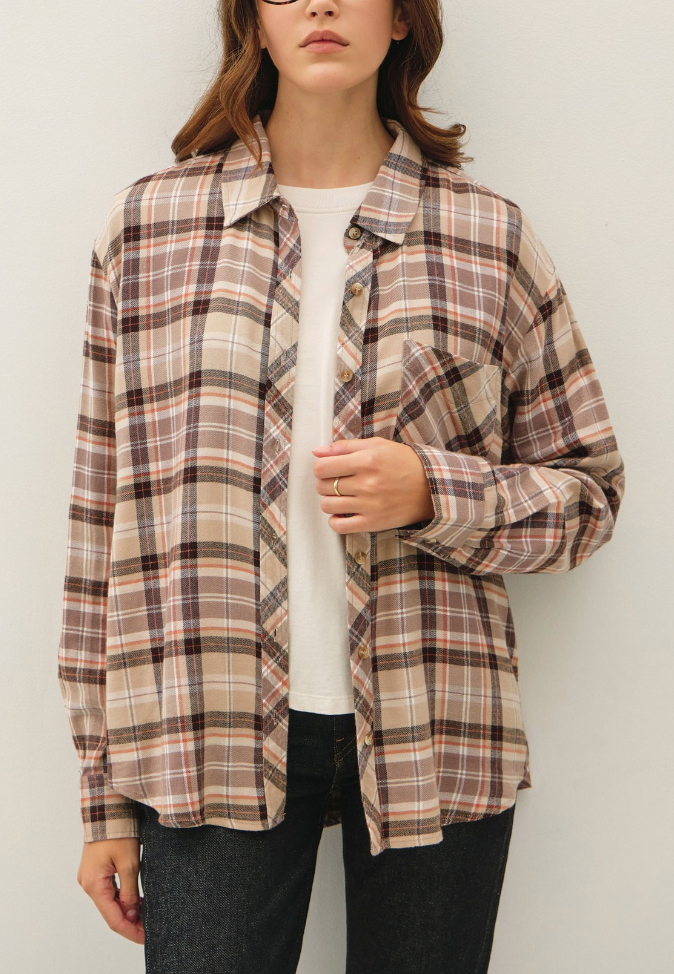 Plaid Happiness Flannel Top in Taupe