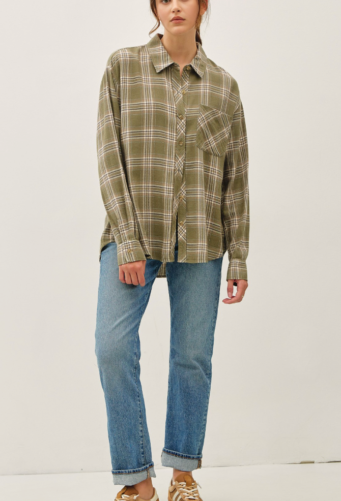 Plaid Happiness Flannel Top in Olive