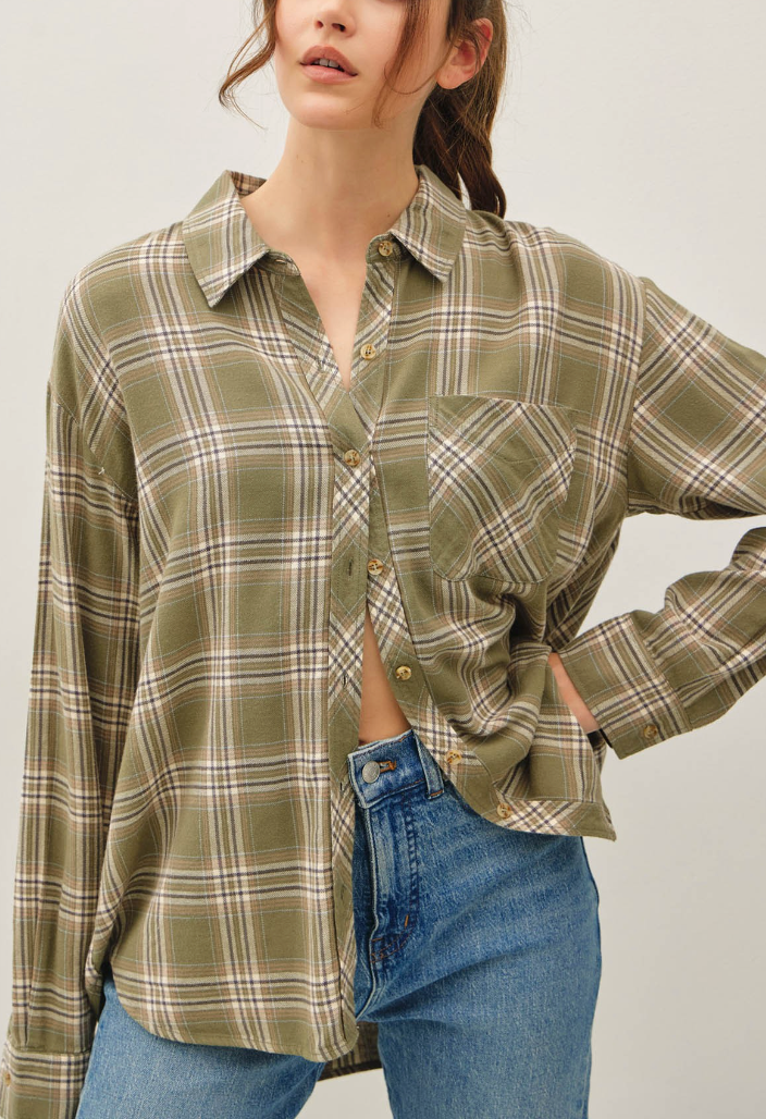 Plaid Happiness Flannel Top in Olive