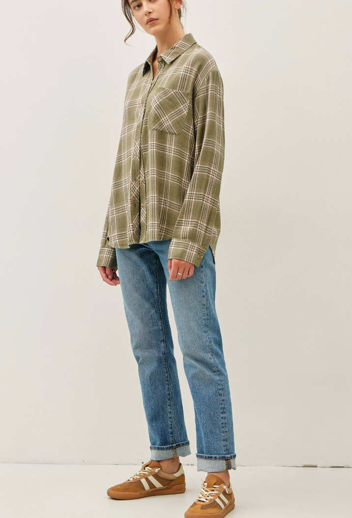 Plaid Happiness Flannel Top in Olive