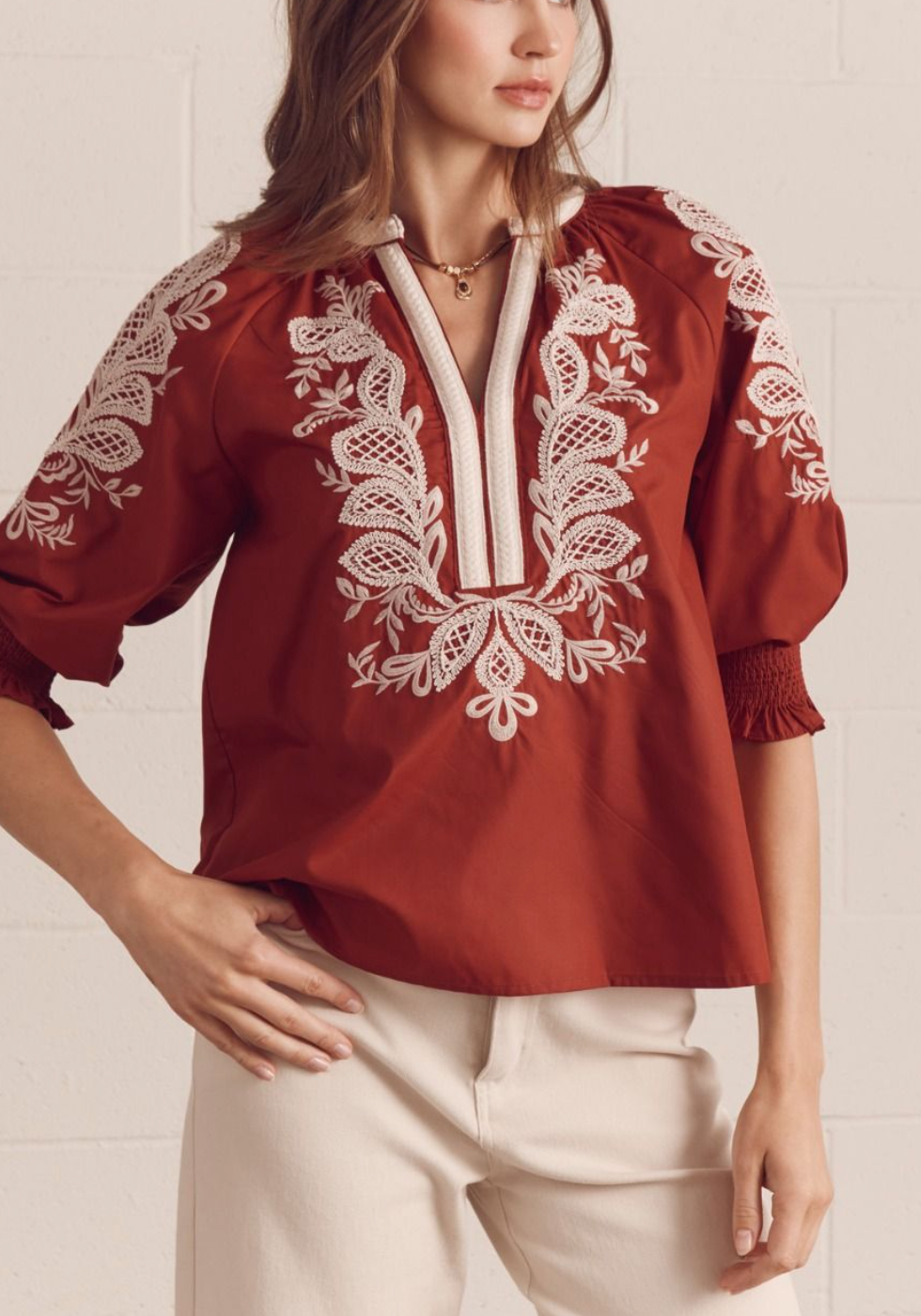 Embrace Embroidered Top in Brick