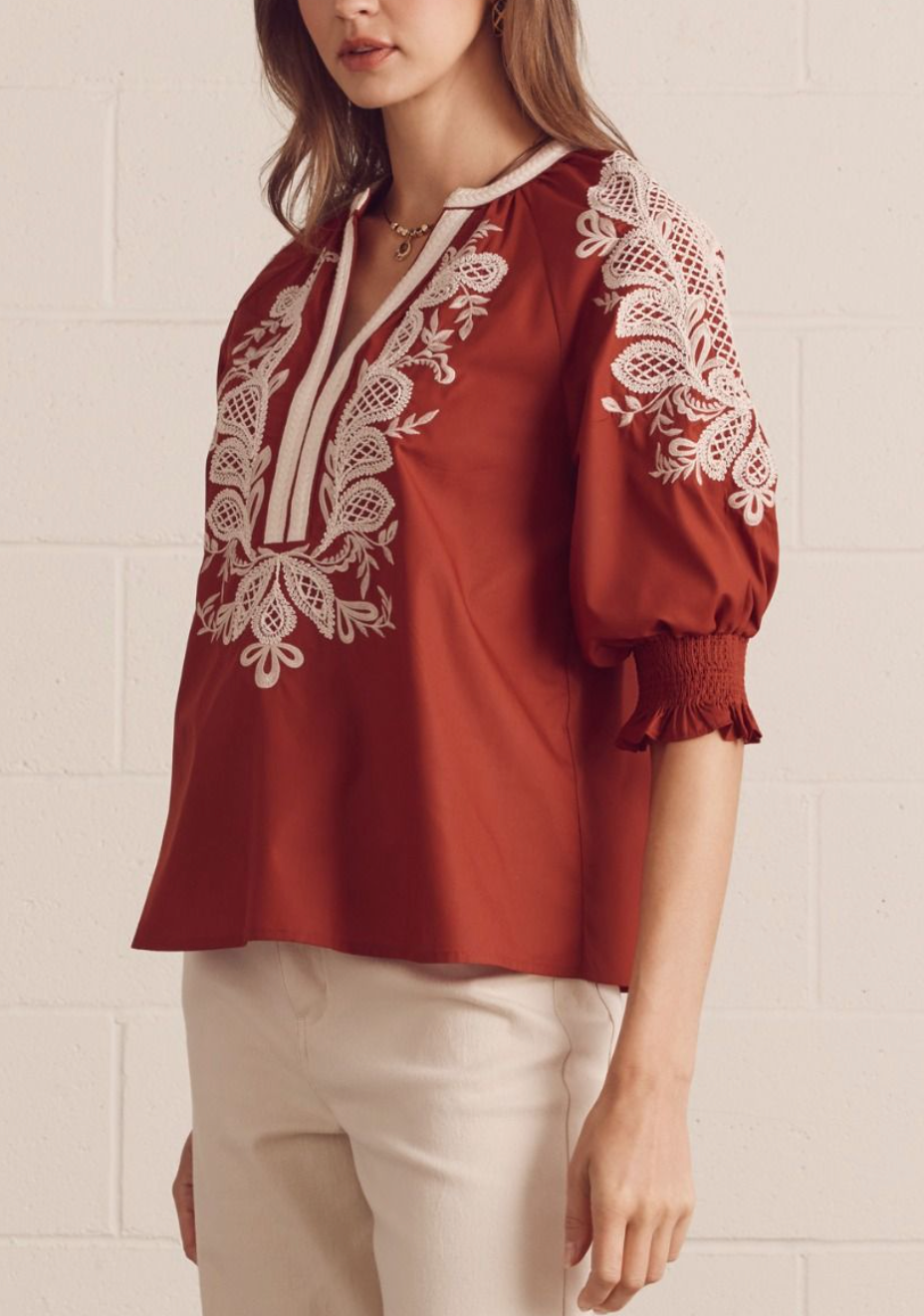Embrace Embroidered Top in Brick