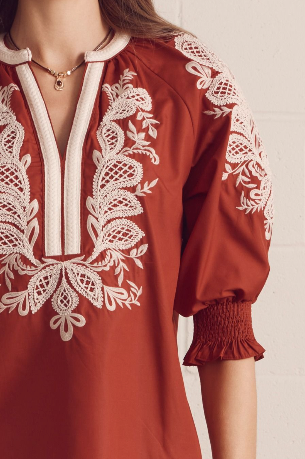 Embrace Embroidered Top in Brick