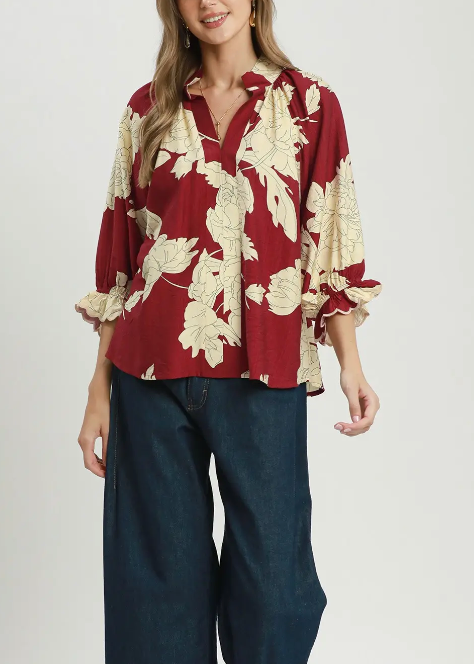 Faithful Floral Top in Burgundy