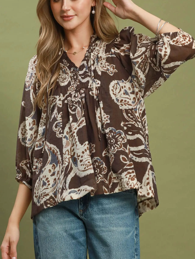 Embraced Paisley Print Top in Brown