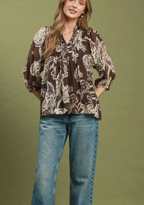 Embraced Paisley Print Top in Brown