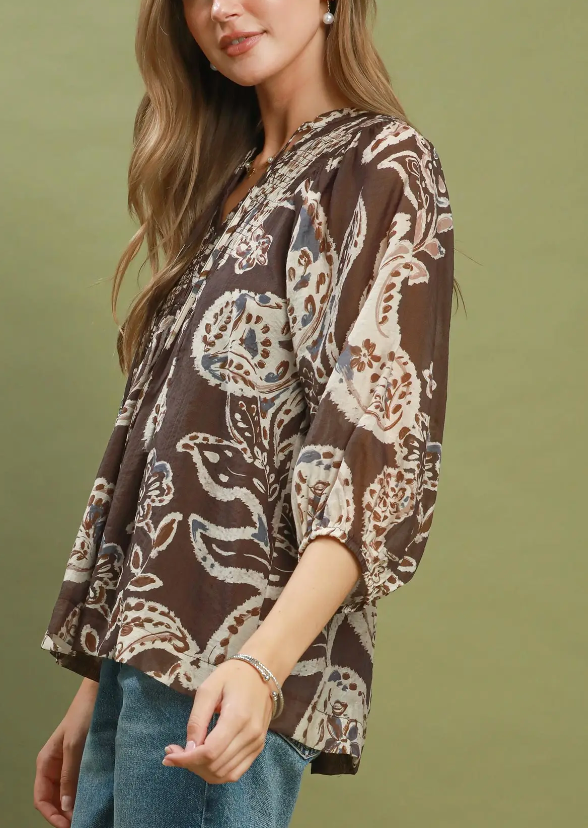 Embraced Paisley Print Top in Brown