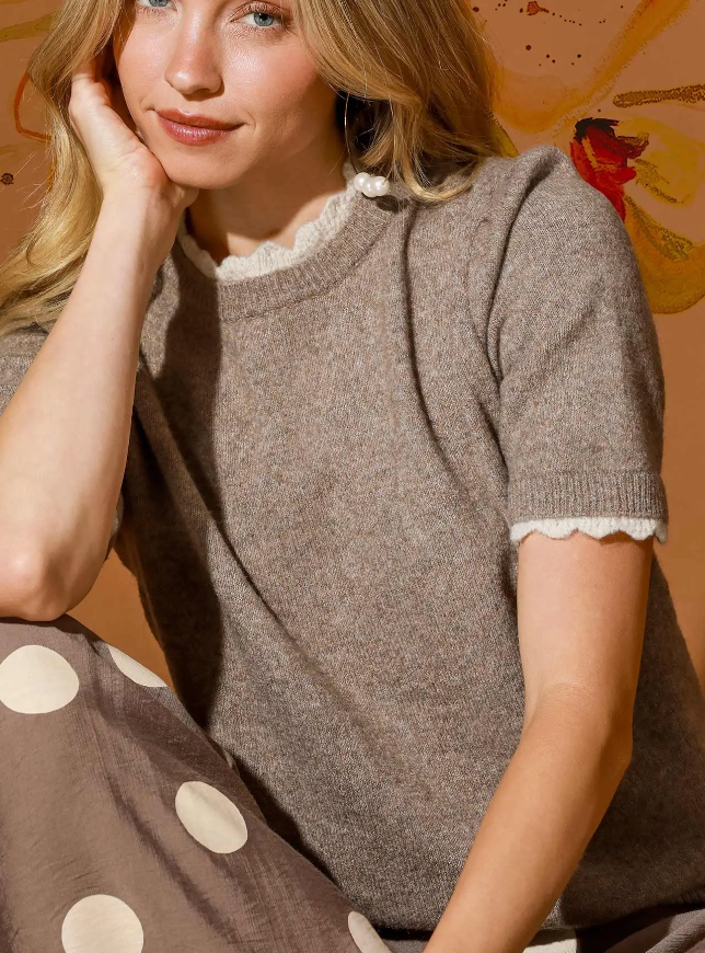 Love You Latte Scalloped Trim Sweater Top
