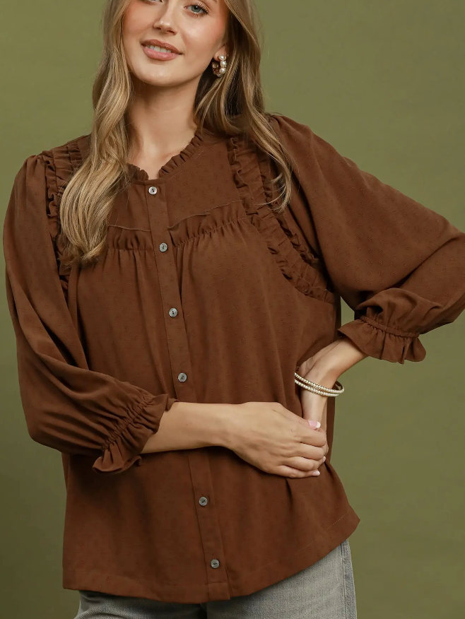 Sweet Ruffle Trim Top in Brown