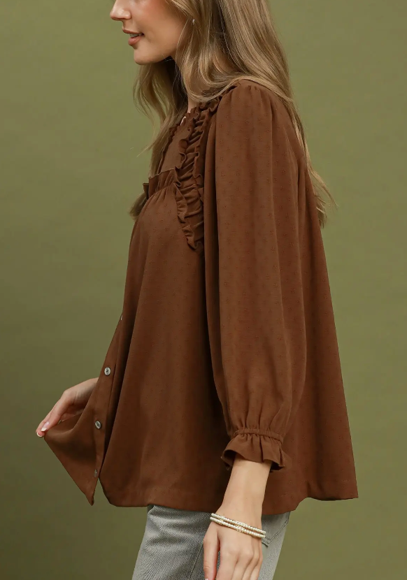 Sweet Ruffle Trim Top in Brown
